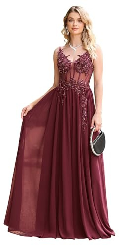 Misshow Robe Bal de Promo Longue élégante à Perles avec Paillettes Robe pour Mariage Invitée Femme Temoin Double Col V Bordeaux 32