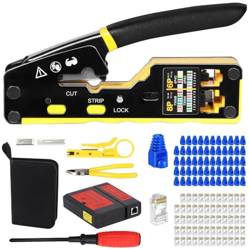 DAJASD RJ45 Crimpzange, 9 in 1 Netzwerk Werkzeug Set mit 50 CAT6 RJ45 Stecker und Steckerschutz, Kabeltester Kit für RJ45, RJ11, RJ12, Profi Netzwerkinstallation für CAT5/CAT6/CAT7 Netzwerkstecker