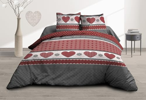 Parure Drap Plat + Drap-Housse 140x190 + 2 T - Pur Coton 57 Fils - Coeurs Rouge