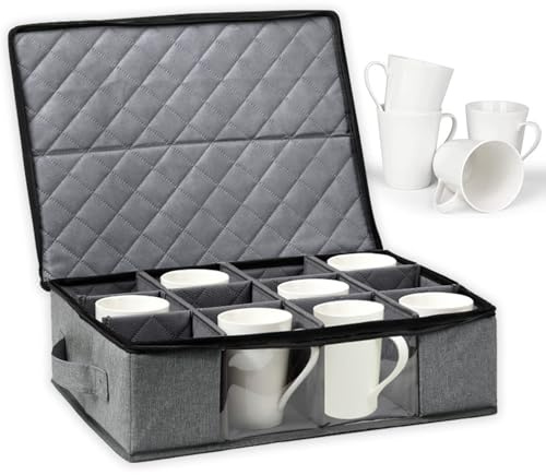 Sonhomay Aufbewahrungsbox für Kaffeebecher, Aufbewahrungsbox, Porzellan, mit Trennwänden, für 12 Tassen, Griffe, Reißverschluss und Deckel für Tassen, Teller, Besteck, Umzug, Organizer und Schutz