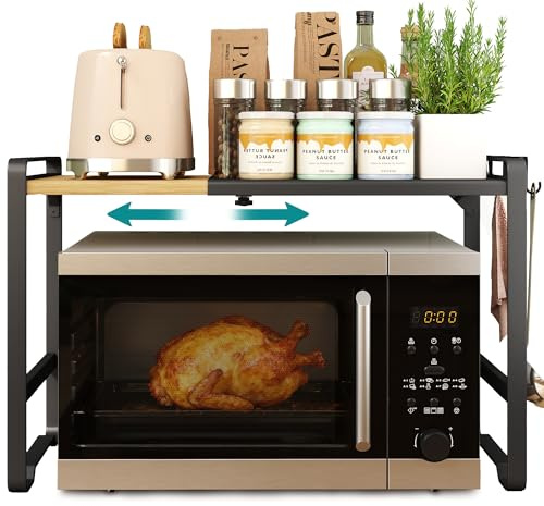 SONGMICS Erweiterbares Mikrowellen Regal, Mikrowellenständer, 41,5-64 cm verstellbare Breite, Küchenregal für Arbeitsplatte, Stahl und Bambus, 4 Haken, tintenschwarz-naturbeige KCS060B01