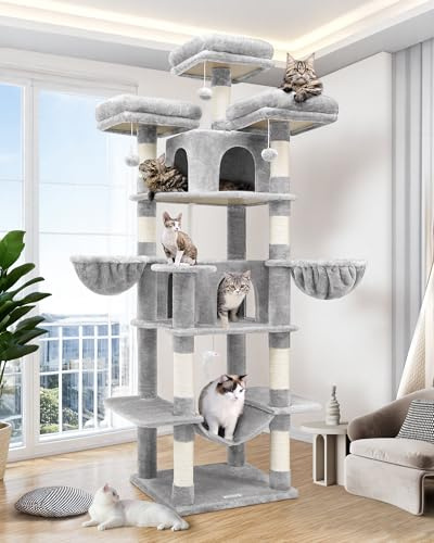 Globlazer Arbre à Chat Grand XXL Hauteur 204 cm avec 3 Perchoirs Rembourrés, 2 Niches, 2 Paniers, Hamac, Arbres a Chats Stable pour 3-5 Chats Adulte Repos Jeu Gratter Intérieur (F80, Gris Clair)