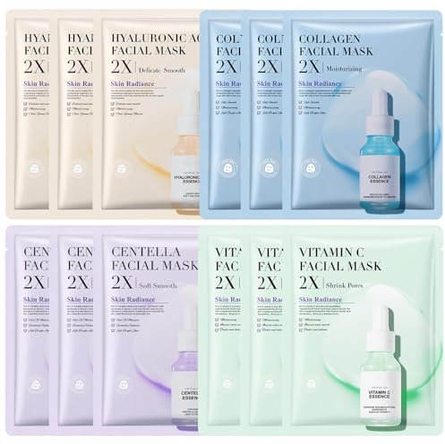 12 Pcs Centella Collagen Face Masks Skincare - Hydrating Sheet Mask Set for Moisturizing, Korean Face Mask for All Skin Types, Brighten, Firm and Hydrating