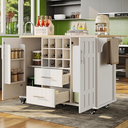 Oslghy Isla De Cocina, Carro de Cocina con Encimera Extensible, Mueble Auxiliar de Cocina con Ruedas y Botellero, Armario de Cocina Almacenaje, Buffet con Cajones y Puertas, 147x40-65x90cm (Blanco)