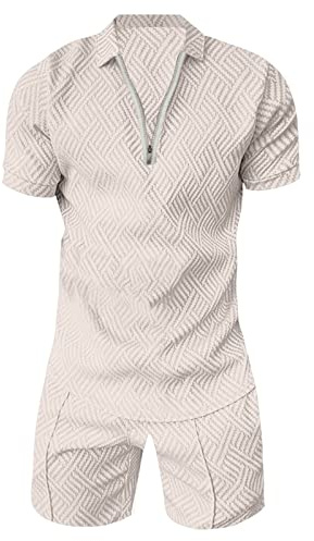 Maskjuwio 2 delar män sommar, tvådelad träningsoverall dragkedja revers joggingdräkt kortärmad överdimensionerad tracksuit jacquar löpkläder polotröja och shorts set enfärgad baddräkt, Vit, XXL