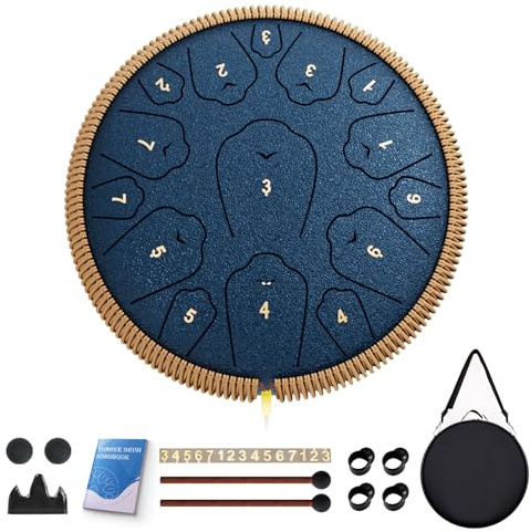 Steel Tongue Drum, 13 Inch 15 Notes Tongue Drums, C Major Drum Percussion Instruments, Handpan Drums with Music Book, Drum Mallets and Carry Bag (Navy Blue)
