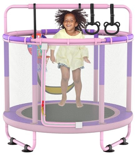 LANGXUN 60 Trampoline for Kids, 5ft Toddler Mini 6-in-1 Trampoline Indoor Outdoor with Swing, Basketball Hoop, Dart Board, Rings, Christmas Toys Birthday Gifts for Girls Boys