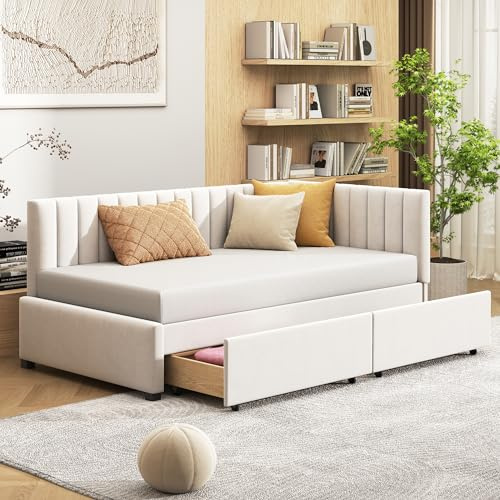 Oxtao Letto imbottito Daybed 90x200 cm, Divano letto con 2 cassetti, Struttura del letto con rete a doghe, Letto per ospiti Letto da giorno Divano letto, Tessuto di velluto, senza materasso (Beige con