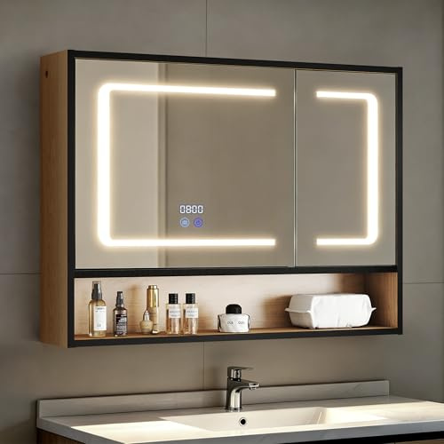 Pamapic Bathroom Mirror Cabinets with Led Lights, Wall-Mounted Bathroom Mirror Cabinet with Anti-Fog & Display Time and Temperature, Storage Unit, 3 Color Lights & Dimmable Brightness, 80x60cm