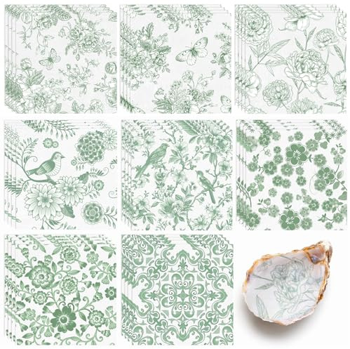 16 Pcs 8 Styles Decoupage Napkins, Sage Green Floral Paper Napkins Chinoiserie Decorative Cocktail Napkin Pretty Printed Cocktail Paper for DIY Crafting Furniture Decor Birthday Party Baby Shower