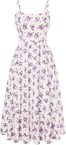 Belle Poque Robe à fleurs pour femme - Bretelles spaghetti - Ligne A - Robe midi - Robe de soleil - Robe de loisirs avec poches - Robe de vacances - Robe de plage