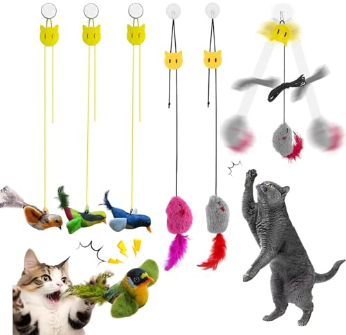 Rliocvhe 5 Pièces Porte Suspendue Souris et Oiseaux Jouet Chat,Jouet Interactif pour Chat,Jeux pour Chat Interieur à Queue en Plumes, Souris Suspendue avec Corde Élastique et Bruit,Jouet Chat pour Cou