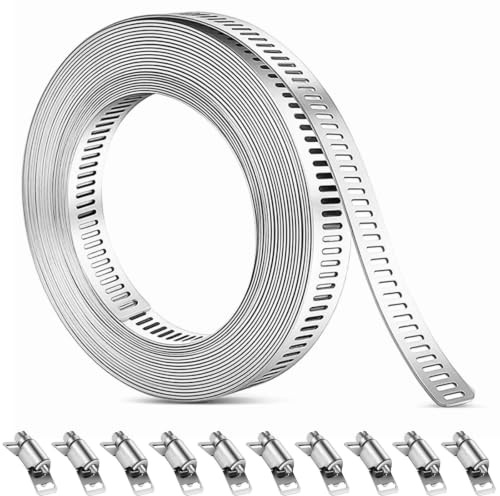 Dexpally 5m Collier de Serrage Inox 304 avec 10 Fixations Kit Bande Perforée en Métal Réglable pour Tuyaux Eau Gaz Machine à Laver et Jardin