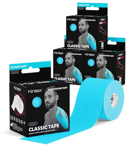 Kintex - Cinta Kinesiologica | Set de 4 Cinta Kinesiotape Resistente al Agua y a la Piel, 5cmx5m, Cinta para Deporte, Cintas Elásticas Fisioterapia | Venda Elástica Adhesiva | Vendas Elásticas