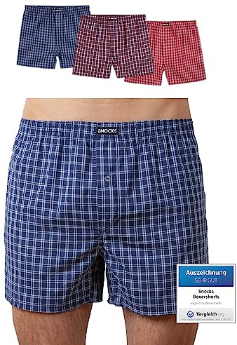Snocks Pacco 3 Boxer Uomo Lunghi in Cotone Bio - Mutande Uomo Senza Etichette Irritanti - Boxer Pack - Quadretto Piccolo (Mix Blu/Rosso) - M
