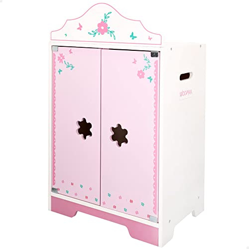WOOMAX Armario de Madera para Ropa de Muñecas, Armarios de Juguetes, Mide 34 x 23 x 55 cm, Color Rosa y Blanco con Flores, Perchas, +3 Años, 49345