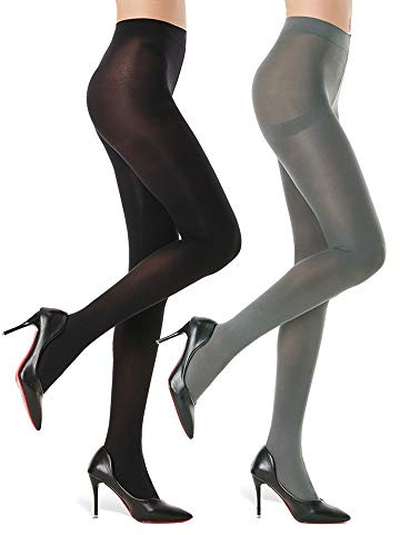 WAKUNA 2 Pairs Opaque Tights for Women - 40D Microfiber Control Top Pantyhose (Black & Grey, XL)