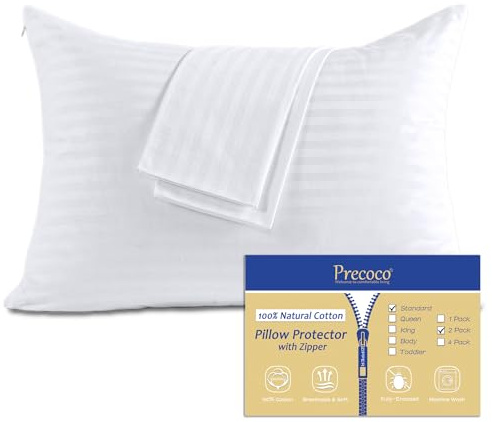 100% Cotton Pillow Protectors with Zipper Standard Size, White Pillow Cases Set of 2 for Home & Hotel, Sateen Soft Cooling Hidden Zippered Pillow Case Protector for Hair & Skin, 20x26 in