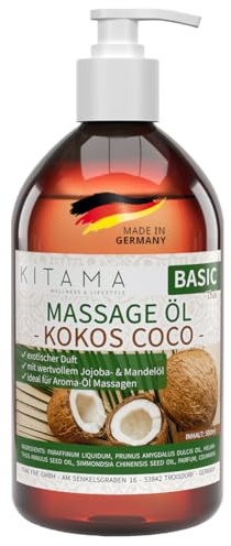 Kitama Massageöl Kokos 500ml - exotischer Duft von Kokosnüssen für pflegende Massage zuhause & in der Massagepraxis - Aromaöl - Thai Massage-Öl, made in Germany