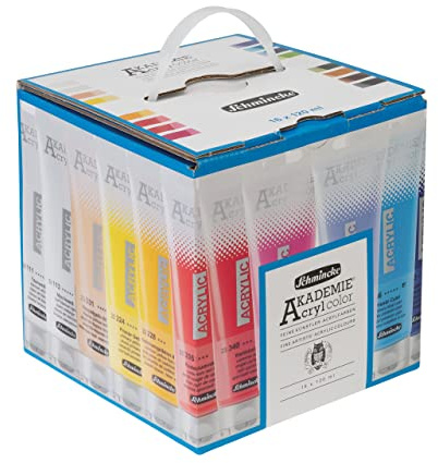 Schmincke – AKADEMIE® Acryl, Value Pack 16 x 120 ml-Tuben, Kartonset, brillante, farbstarke, hoch lichtechte Farbtöne, kadmiumfrei, feine Künstler-Acrylfarben