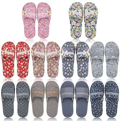 Chuarry 10 Pairs Floral Cotton House Slippers for Guest Women Washable Indoor Cotton Slippers Comfortable Soft Open Toe Slipper Portable Foldable Slipper for Hotel Travel Airplane Spa, 2 Sizes