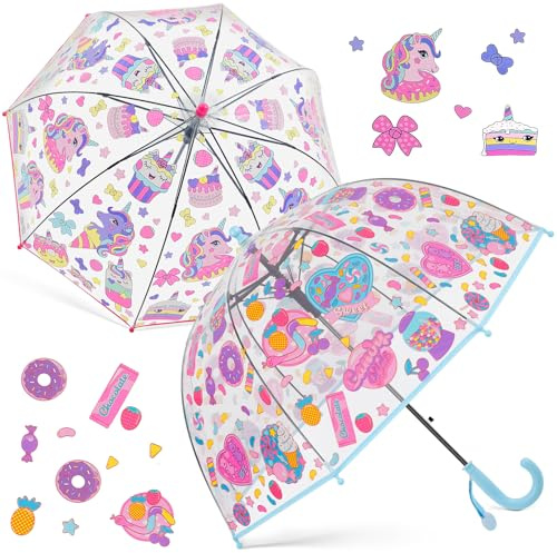 Fabbay 2 Pcs Kids Clear Bubble Umbrella with Easy Grip Curved Handle Transparent Bubble Umbrella for Toddler Girls(Unicorn, Candy)