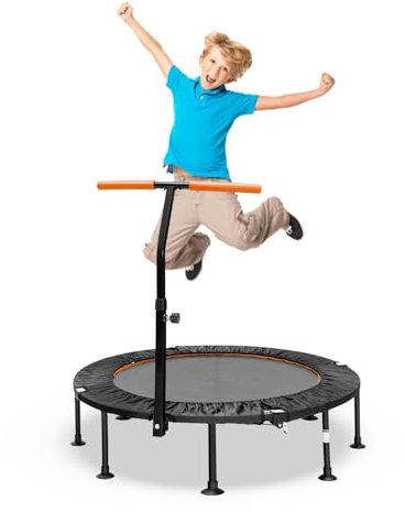 LIFEZEAL Mini Trampolin Ø 117 cm, Kindertrampolin mit höhenverstellbarem Handlauf, Jumping Trampolin Faltbar für Training, Fitnesstrampolin für Kinder & Erwachsene, Max. 100 kg (Orange)