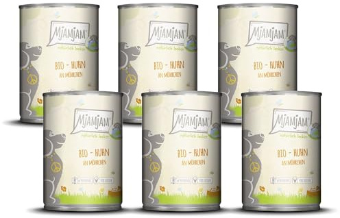 MjAMjAM - Nourriture humide premium pour chiens - naturellement délicieuse - BIO poulet aux carottes,paquet de 6 (6 x 400g), sans céréales avec extra viande
