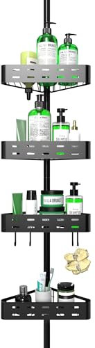 Cooeco Teleskop Duschregal ohne Bohren, Höhenverstellbares Eckregal mit 4 Körben und 4 Haken - Stabil und rutschfest für Dusche und Badewanne, 63.5-290 cm, Schwarz