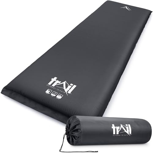 Trail Extra Wide Self Inflating Sleeping Mat for Camping (L186cm x W65cm), Extra Thick 10cm Memory Foam Core, Lightweight Inflatable Outdoor Sleeping Mattress, Roll Straps & Storage Bag (Black)