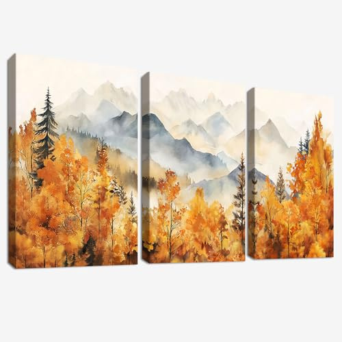 3 Pcs Wooden Framed Canvas Wall Art Canvas Prints Watercolor Autumn Mountain Forest Painting Orange Misty Forest Landscape Pictures for Living Room Bedroom Bathroom Home Wall Decor 50x70 cm x3pcs