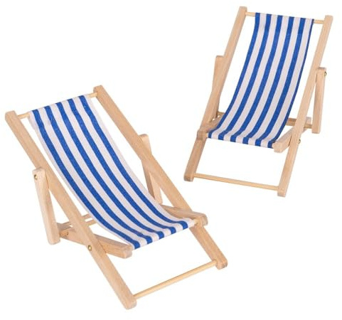 Ideen mit Herz | Miniatyrsolstol | Mini fällstol | vikbar dekorativ strandstol | dockhusmöbler | 2 stycken (blå-vit randig)