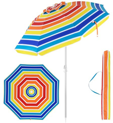 GOPLUS Strandschirm, Sonnenschirm um 30° knickbar, Gartenschirm UV 50+, Tischschirm mit Bodenhülse, Marktschirm Terrassenschirm, inkl. Schutzhülle, 8 Rippen Fiberglas (Bunt, 180cm)