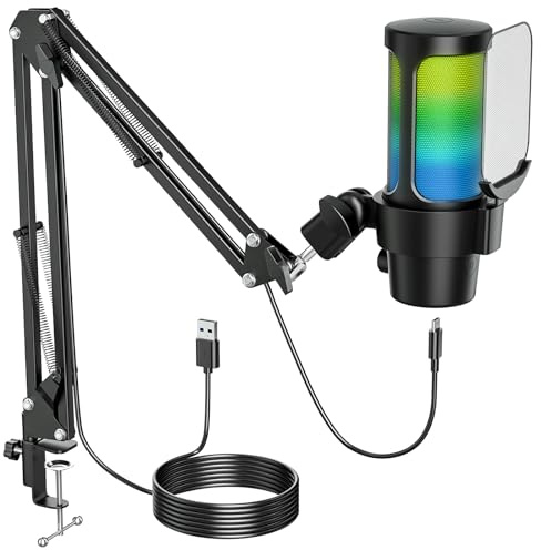 Anykuu Micrófono Condensador PC 1 con Brazo Articulado, RGB para Streaming, Condensador Cardioide 192kHz/24bit con Botón de Silencio, Plug & Play para PC, Mac, PS4/PS5, Gaming, Podcast y Grabación