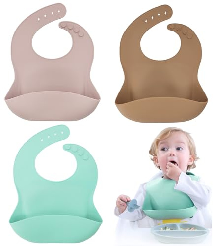 Silikon Babylätzchen 3er Set Fütterlätzchen Babylätzchen mit Auffangschale BPA Frei Wasserdicht Weich Langlebig Verstellbare Silikon Lätzchen Auffangschale Einfach Säubern für Kleinkinder Fütterung