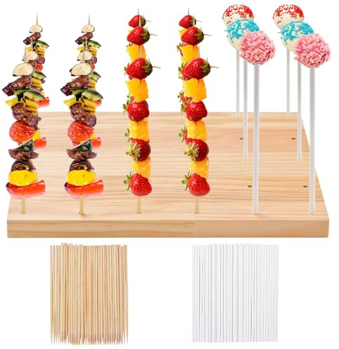 IHKFILAN 30 Holes Wooden Skewer Display Holder,Rectangle Fruit Kabobs Skewers Stand,Catering Appetizer Fruit Pick Stand Skewers,Wheat Color Wood Lollipop Holder for Baby Shower Birthday Cocktail Party
