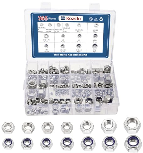 Kozelo 365pcs[M3 M4 M5 M6 M8 M10 M12]Hex Nuts Assortment Kit SS304 | Hardware Nuts with Nylon Insert Lock Hex Nuts Set for Mechanical Repair & Assembly