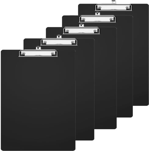 Clipboard Folder, 5 Packs A4 Plastic Clip Boards with Secure Hold for Office & Classroom Supplies - Black