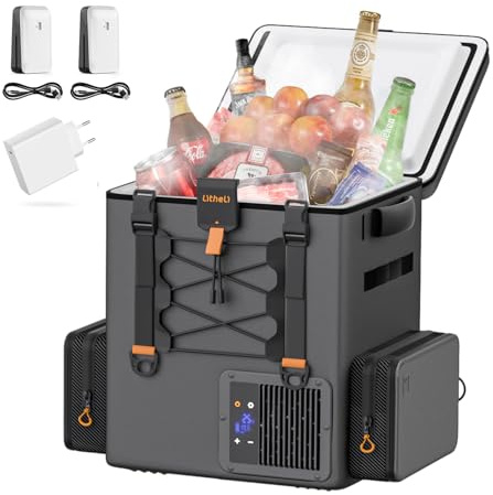 LiTHELi FrozenPack Glacière à compresseur 20 l, 12 V/240 V, pour camping, voyage, camping-car, refroidissement rapide de 15 minutes, avec 2 batteries 4,0 Ah et chargeur USB C (3 paquets)