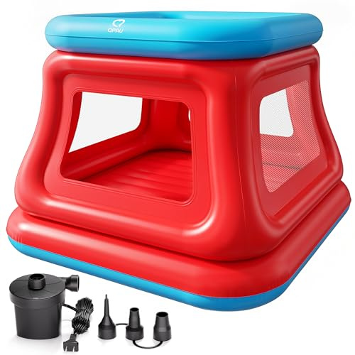 QPAU 3-in-1 Inflatable Bounce House for Kids 3–6, Ball Pit, Trampoline & Bounce Castle, Safety Net & Open-Entry, Outdoor Indoor Bouncy House with Electric Air Pump, Toddler Outdoor Toys for Backyard