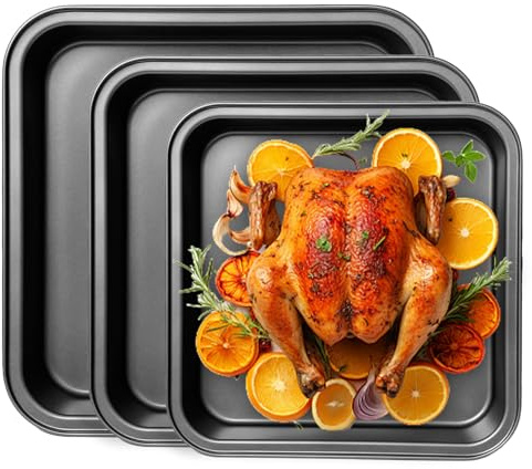 Pilikoll 3 stycken bakformar bakplåt rostfritt stål Brownie bakform kvadratisk ugnsform set fyrkantig kakform rostfritt stål bakplåt bakformar för lasagne, kakor, bröd (22,5 cm, 25,5 cm, 27,5 cm)