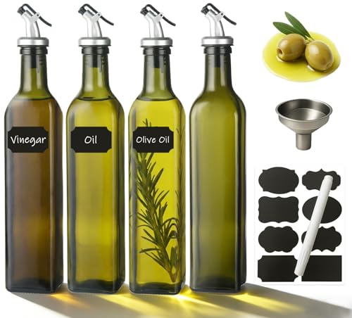 WERTIOO Oil Bottle 500 ml, Set of 4 Olive Oil Bottles, Vinegar and Oil Bottles Set, 17 oz Oil Bottle with Spout Glass Bottles Oil with Funnel & Pen for Kitchen BBQ, Green