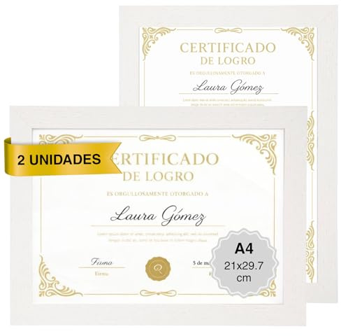 MARCOFOTO Marco de Fotos para Pared - Set de 2 Portafotos MDF con Cristal, uso Vertical u Horizontal - Decoración Hogar u Oficina, Diplomas - Color Blanco A4 (21x29,7 cm)