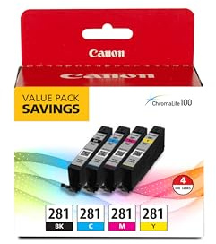 Canon CLI-281 Black, Cyan, Magenta and Yellow 4 Ink Pack, Compatible to TR8520, TR8620 Series, TS9120, and TS6210 Printers