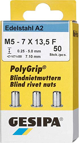 GESIPA Blindnietmuttern PolyGrip 50 Stück (Edelstahl A2 M5x7x13,5 mm, Schaft-ø 7mm, Scherkraft 3200 N, Gewindebruchkraft 15000 N, Flachrundkopf) 1464888