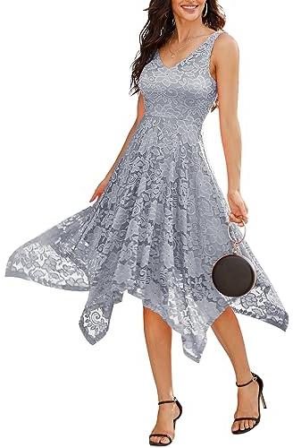 Meetjen Abito da Sera Elegante per Matrimonio Elegante Cocktail da Donna A Linea Senza Maniche Abito in Pizzo per Cerimonia di Confermazione, grigio., L