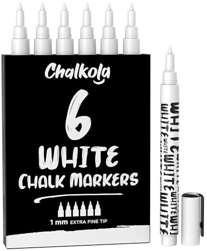 Chalkola White Chalk Pens - White Dry Erase Liquid Chalk Pens for Chalkboard, Blackboard, Window, Bistro, Car Glass, Board, Signs - 1mm Extra Fine Tip Chalkboard Chalk Markers