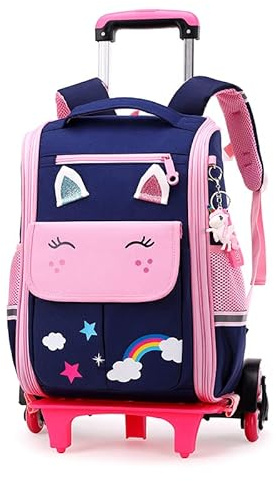 Tanou Trolley ryggsäck med 6 hjul, 40 cm lätt skolväska med hjul för flickor i grundskolan, avtagbar skolryggsäck vagn för skolresor, 1–3 klass, Rosa blå, Rolling Backpack