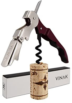 VINAK - Cavatappi cameriere professionale ECO in acciaio inox con apribottiglie + doppio supporto articolato + coltello tagliacapsule + spirale teflonata (Bordeaux)