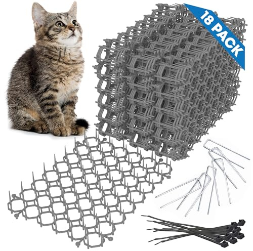 18-pack kattavskräckande scat-matta för katter – 20 x 15 cm kattspik matta med 1 tum spikes är en fantastisk kattavvisande inomhus och utomhus för alla årstider. Innehåller 6 trädgårdshäftklamrar och